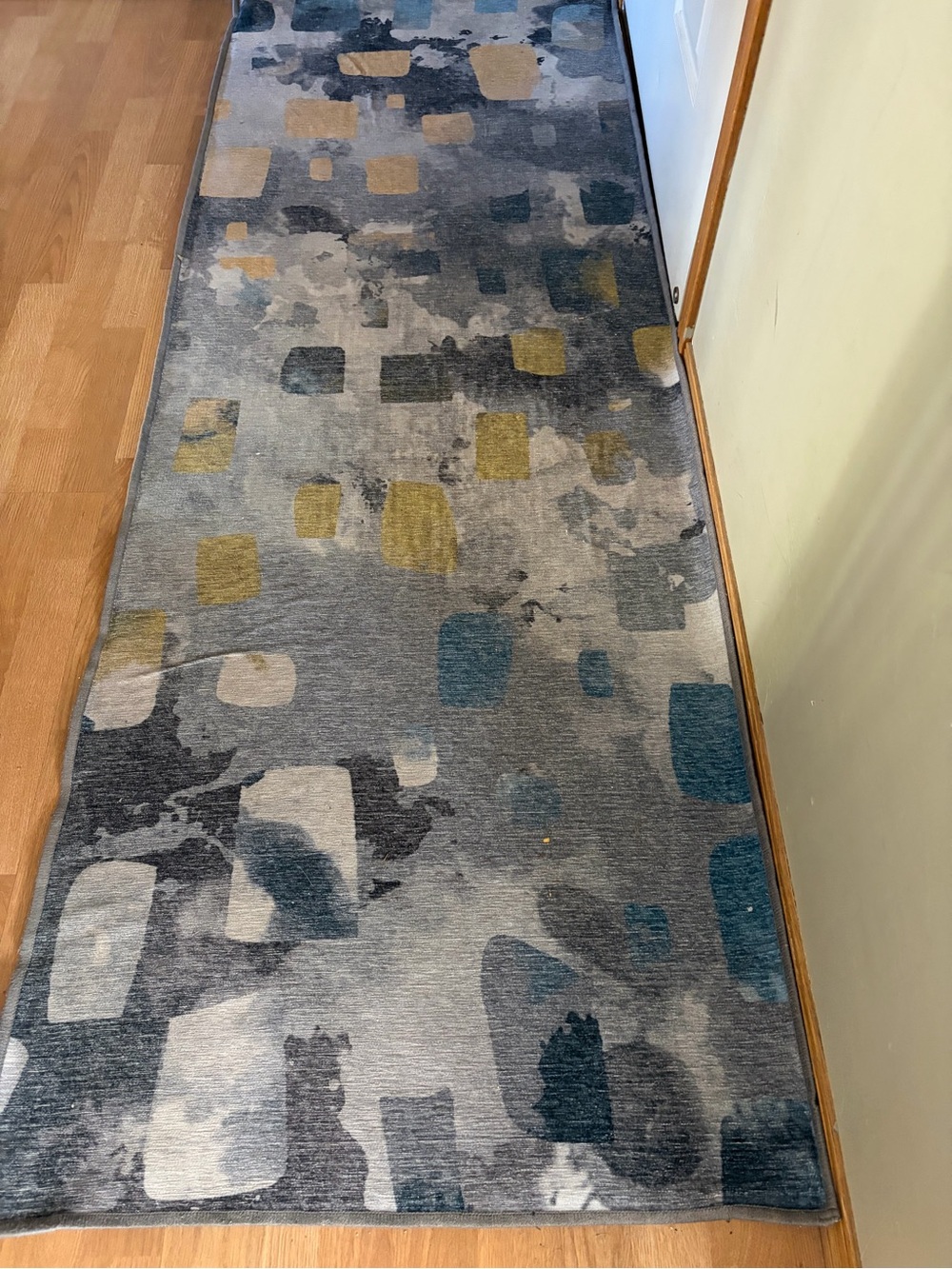 Ruggable Contemporary Runner Rug in Gray with Teal and Gold Accent